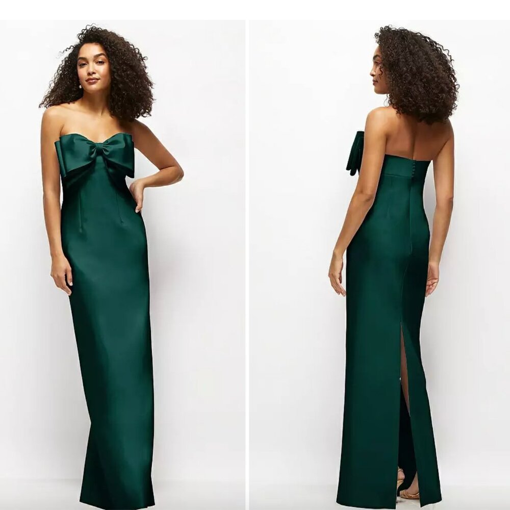 Dessy Group Strapless Satin Column Maxi Dress with Oversized Handcrafted Bow